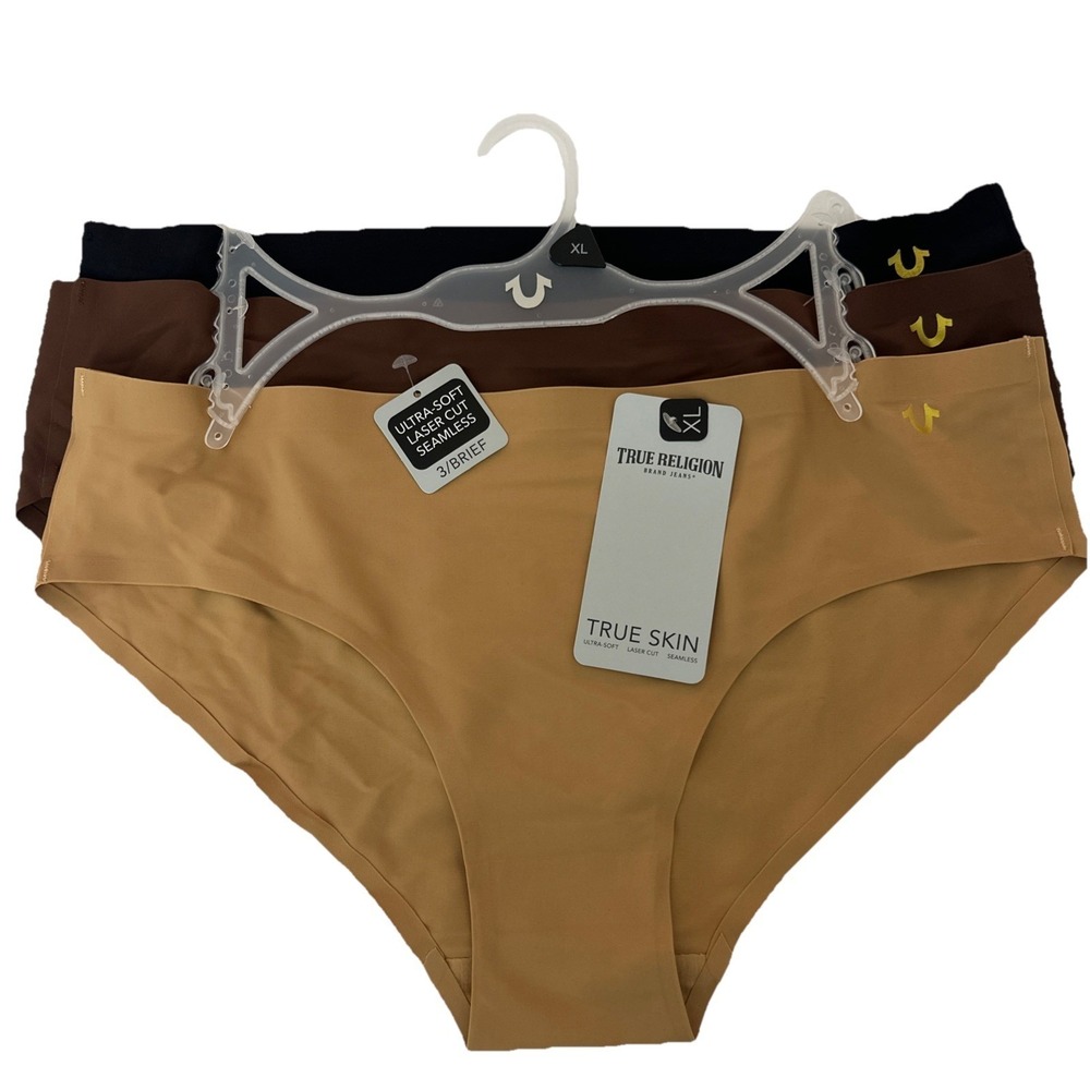 TRUE RELIGION 3-Pair TRUE SKIN‎ Brief Panties Soft Laser Cut Seamless Logo Sz XL